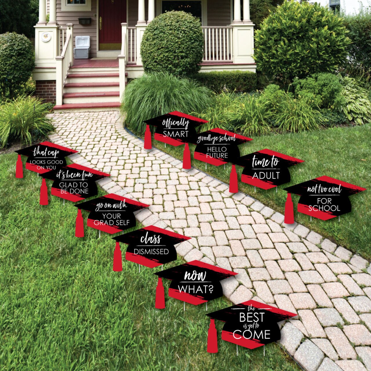 Big Dot of Happiness Red Graduation Lawn Decorations - 10 Piece